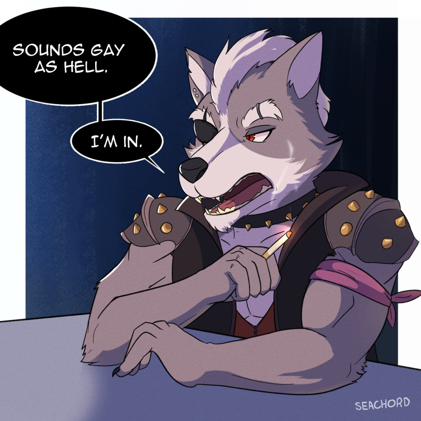 2022 canid canine canis cigarette dialogue english_text fur grey_body grey_fur hi_res male mammal muscular muscular_male nintendo piercing seachord simple_background smoking solo speech_bubble star_fox text video_games wolf wolf_o'donnell
