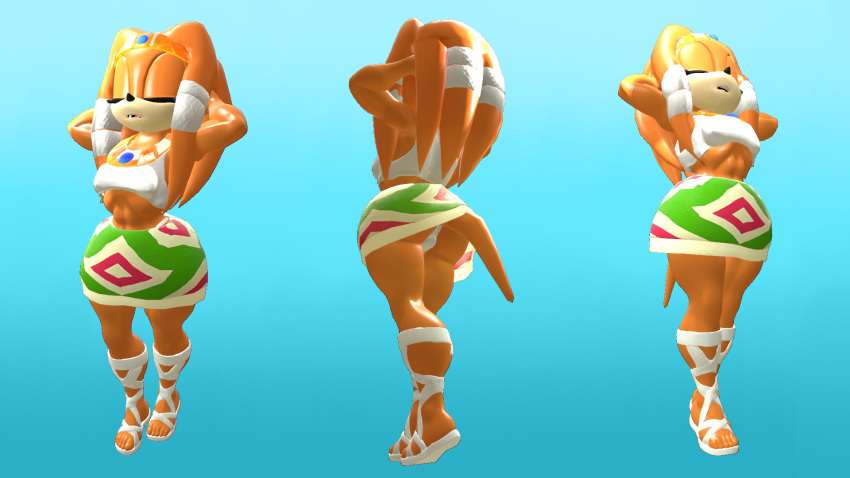 3d_(artwork) anthro bottomwear breasts canastus clothing digital_media_(artwork) dreadlocks echidna feet female footwear hi_res mammal midriff miniskirt monotreme panties panty_shot pinup pose sandals sega shirt skirt small_breasts solo sonic_adventure sonic_the_hedgehog_(series) source_filmmaker sunbathing tikal_the_echidna topwear underwear