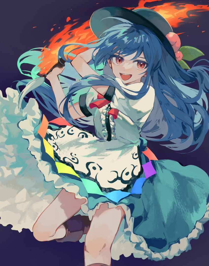 1girl :d black_headwear blouse blue_hair blue_skirt bow fire flaming_sword flaming_weapon food frills fruit hat highres hinanawi_tenshi leaf long_hair looking_at_viewer neck_ribbon open_mouth peach petticoat puffy_short_sleeves puffy_sleeves rainbow_order red_bow red_eyes ribbon shirt short_sleeves skirt smile solo sword_of_hisou touhou white_shirt yanfei_u