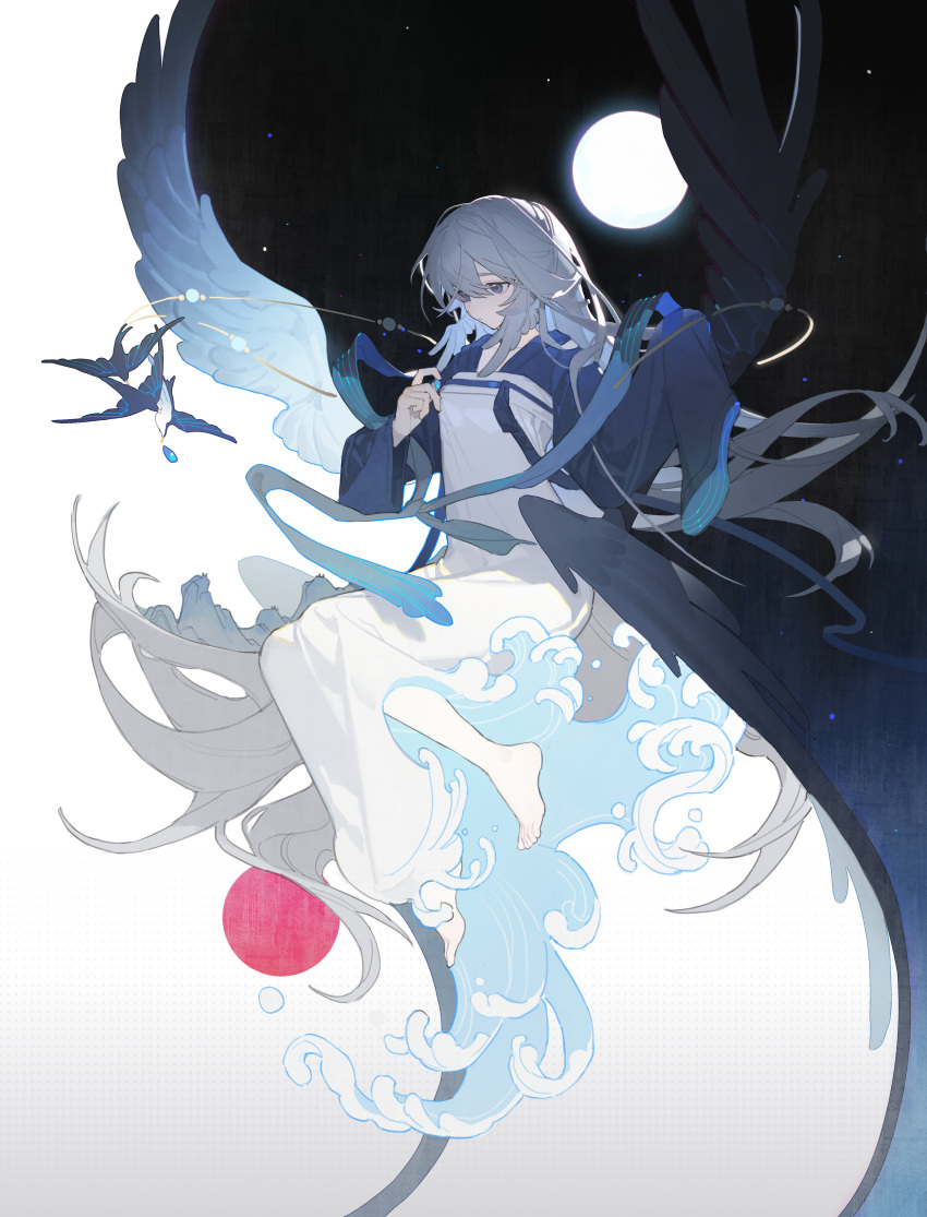 1girl absurdres arknights barefoot bird black_background blue_sleeves dress feather_hair feathered_wings full_body full_moon grey_eyes grey_hair highres jacknife long_hair long_sleeves moon mulberry_(arknights) simple_background sitting sleeves_past_fingers sleeves_past_wrists solo two-tone_background water white_background white_dress wings