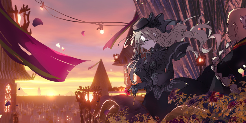 1boy 1girl absurdres ascot bangs black_cape black_capelet black_dress black_flower black_gloves black_headwear black_rose breasts cape capelet carimarica castle dress fate/grand_order fate_(series) flower gloves gradient_sky grey_eyes hat highres kriemhild_(fate) large_breasts long_hair long_sleeves mole mole_under_eye old old_man orange_sky petals rose sky sunset veil white_hair zhang_jue_(fate)
