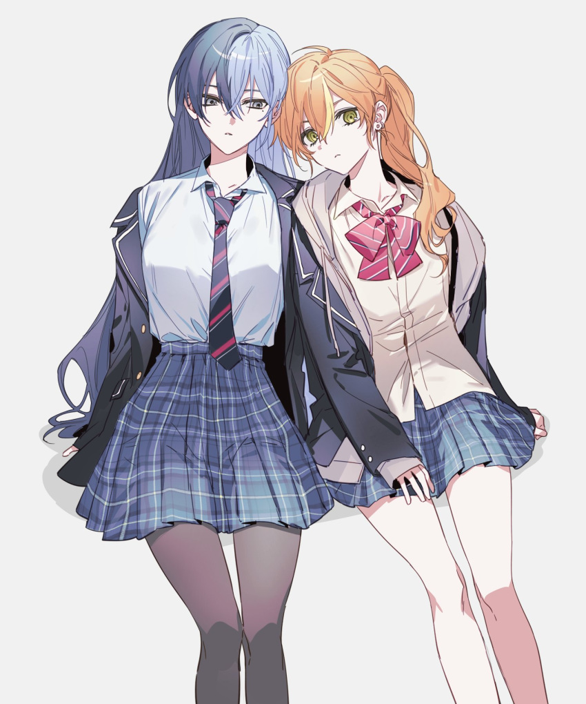 2girls :&lt; aoyagi_touya black_legwear blazer blonde_hair blue_hair blue_jacket blue_necktie blue_skirt bow bowtie breasts closed_mouth commentary diagonal-striped_bowtie diagonal-striped_necktie ear_piercing fujo0t4ku genderswap genderswap_(mtf) green_eyes grey_eyes grey_jacket highres hood hood_down hooded_jacket jacket kamiyama_high_school_uniform_(sekai) large_breasts long_hair long_sleeves looking_at_viewer multicolored_hair multiple_girls necktie orange_hair pantyhose piercing plaid plaid_skirt project_sekai red_bow red_bowtie shinonome_akito shirt shirt_tucked_in side_ponytail sitting skirt streaked_hair tented_shirt very_long_hair white_shirt