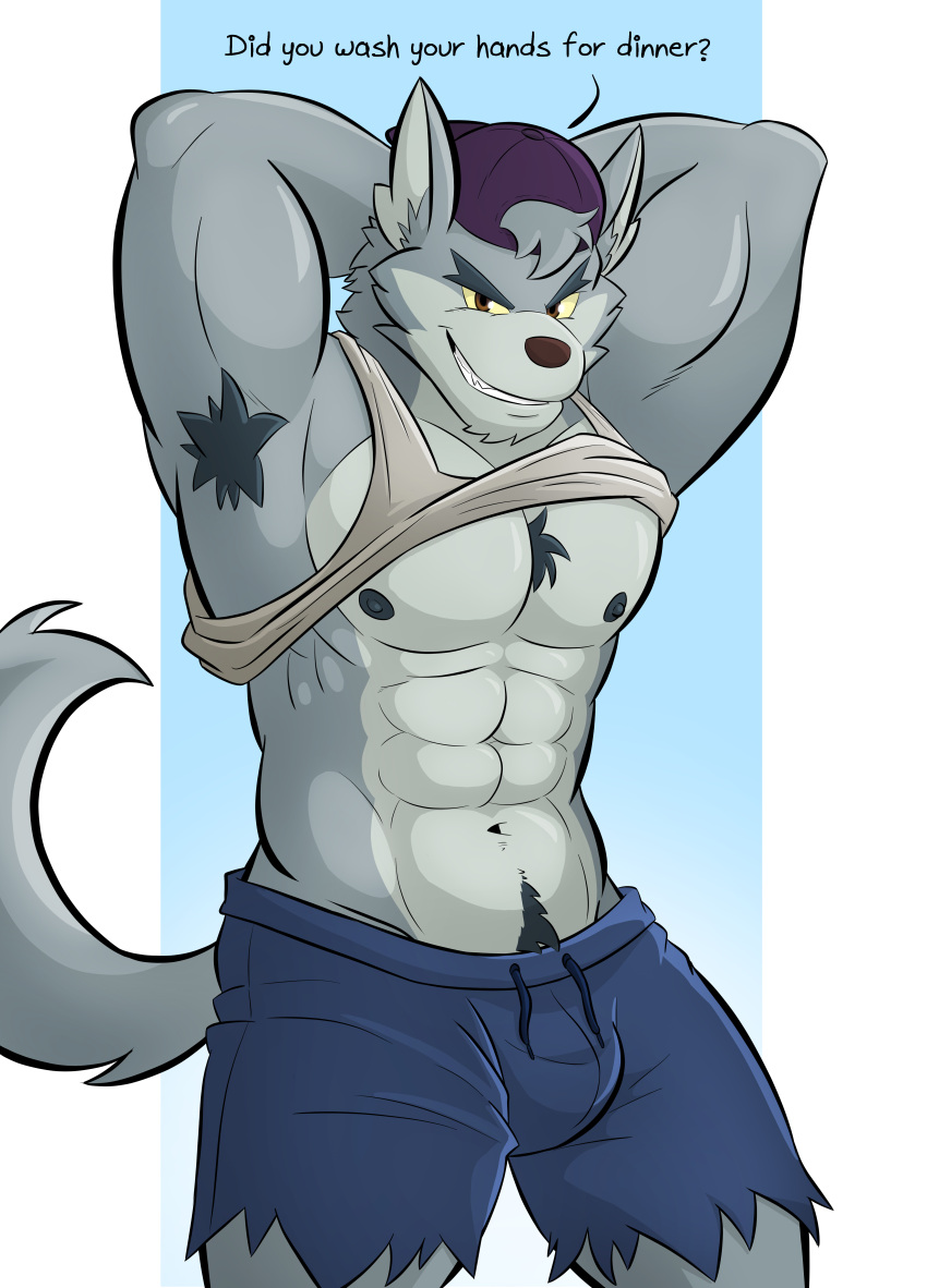 abs absurd_res anthro backwards_hat baseball_cap bulge canid canine canis cartoon_network clothed clothing fur grey_body grey_fur hair_through_hat hat headgear headwear hi_res humanoid looking_at_viewer male mammal mezzmar muscular muscular_anthro muscular_male nipples simple_background solo text we_baby_bears we_bare_bears wolf wolf_(we_baby_bears) yellow_sclera