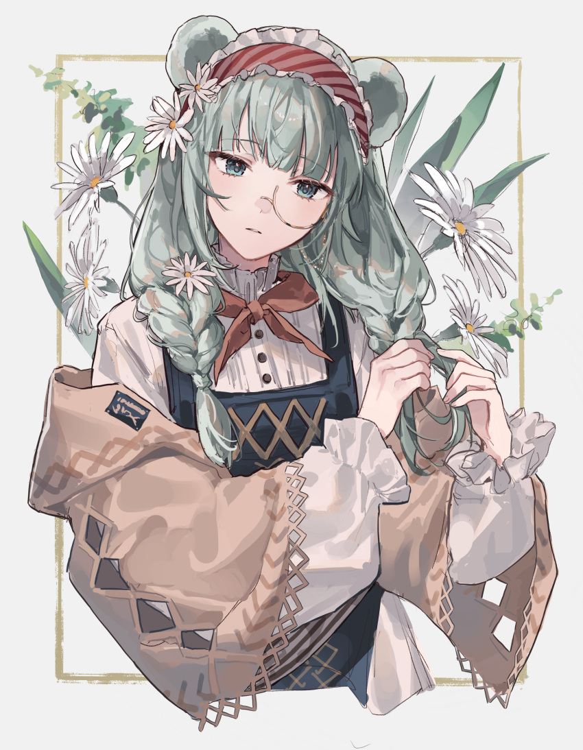 1girl absurdres animal_ears arknights bear_ears bear_girl blue_eyes blue_hair blue_overalls braid brown_cardigan cardigan cropped_torso flower frilled_hairband frills hair_flower hair_ornament hairband highres istina_(arknights) istina_(bibliosmia)_(arknights) long_hair looking_at_viewer lyas monocle neckerchief off_shoulder official_alternate_costume open_cardigan open_clothes orange_neckerchief overalls parted_lips red_hairband shirt solo striped striped_hairband twin_braids tying_hair upper_body white_flower white_shirt
