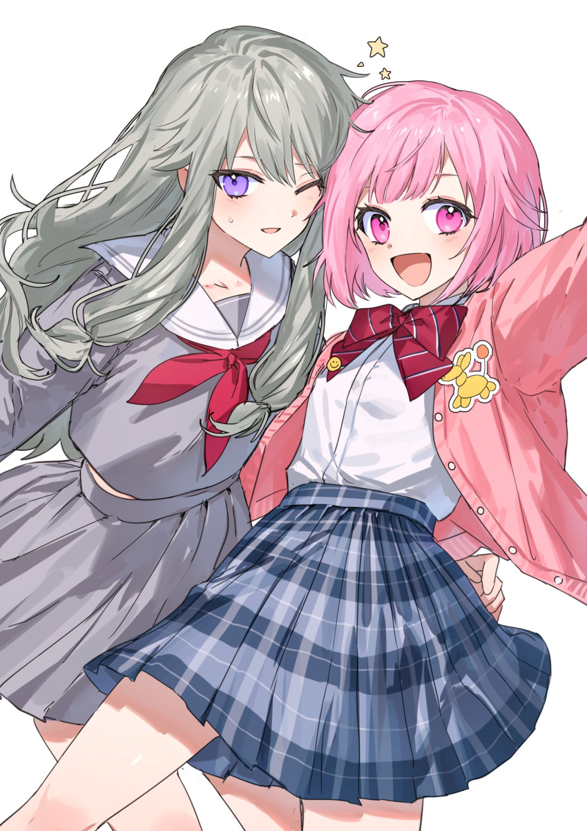 2girls :d absurdres arm_up bangs blue_skirt bow bowtie cardigan commentary cosplay costume_switch diagonal-striped_bowtie fujo0t4ku green_hair grey_serafuku grey_shirt grey_skirt highres kamiyama_high_school_uniform_(sekai) kusanagi_nene long_hair long_sleeves looking_at_viewer low-tied_long_hair miyamasuzaka_girls'_academy_uniform multiple_girls neckerchief one_eye_closed ootori_emu open_mouth pink_cardigan pink_eyes pink_hair plaid plaid_skirt pleated_skirt project_sekai purple_eyes red_bow red_bowtie red_neckerchief sailor_collar school_uniform serafuku shirt sidelocks skirt smile star_(symbol) white_sailor_collar white_shirt