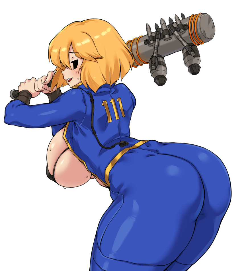 absurdres ass bent_over bikini blonde_hair blue_bodysuit blue_jumpsuit bodysuit breasts cleanerjay covered_nipples cowboy_shot curvy fallout_(series) fallout_4 from_behind hanging_breasts highres huge_breasts jumpsuit long_sleeves looking_at_viewer looking_back medium_hair micro_bikini open_jumpsuit open_mouth over_shoulder sideboob simple_background skindentation swimsuit unzipped vault_girl vault_suit weapon weapon_over_shoulder