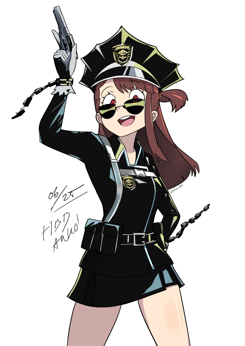 1girl absurdres brown_hair chain company_connection diooksan glasses gun hat highres inferno_cop kagari_atsuko little_witch_academia red_eyes standing sunglasses tagme trigger_(company) weapon white_background