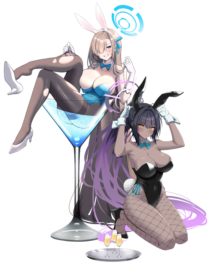 2girls absurdly_long_hair absurdres alcohol animal_ears aqua_bow aqua_bowtie arm_tattoo asuna_(blue_archive) asuna_(bunny)_(blue_archive) bare_shoulders black_hair black_leotard blue_archive blue_eyes blue_ribbon blush bow bowtie breasts brown_hair brown_legwear champagne cleavage clenched_teeth closed_mouth collarbone commentary covered_navel cup dark-skinned_female dark_skin detached_collar drinking_glass dutch_angle elbow_gloves fake_animal_ears fishnet_legwear fishnets gloves gradient_hair groin hair_over_one_eye hair_ribbon halo hands_up highres karin_(blue_archive) karin_(bunny)_(blue_archive) kneeling large_breasts leotard long_hair looking_at_viewer looking_to_the_side multicolored_hair multiple_girls number_tattoo one_breast_out otakummm pantyhose playboy_bunny ponytail purple_hair rabbit_ears rabbit_tail ribbon shoe_dangle sidelocks simple_background smile symbol-only_commentary tail tattoo teeth torn_clothes torn_legwear traditional_bowtie v-shaped_eyebrows very_long_hair white_background white_gloves wrist_cuffs yellow_eyes