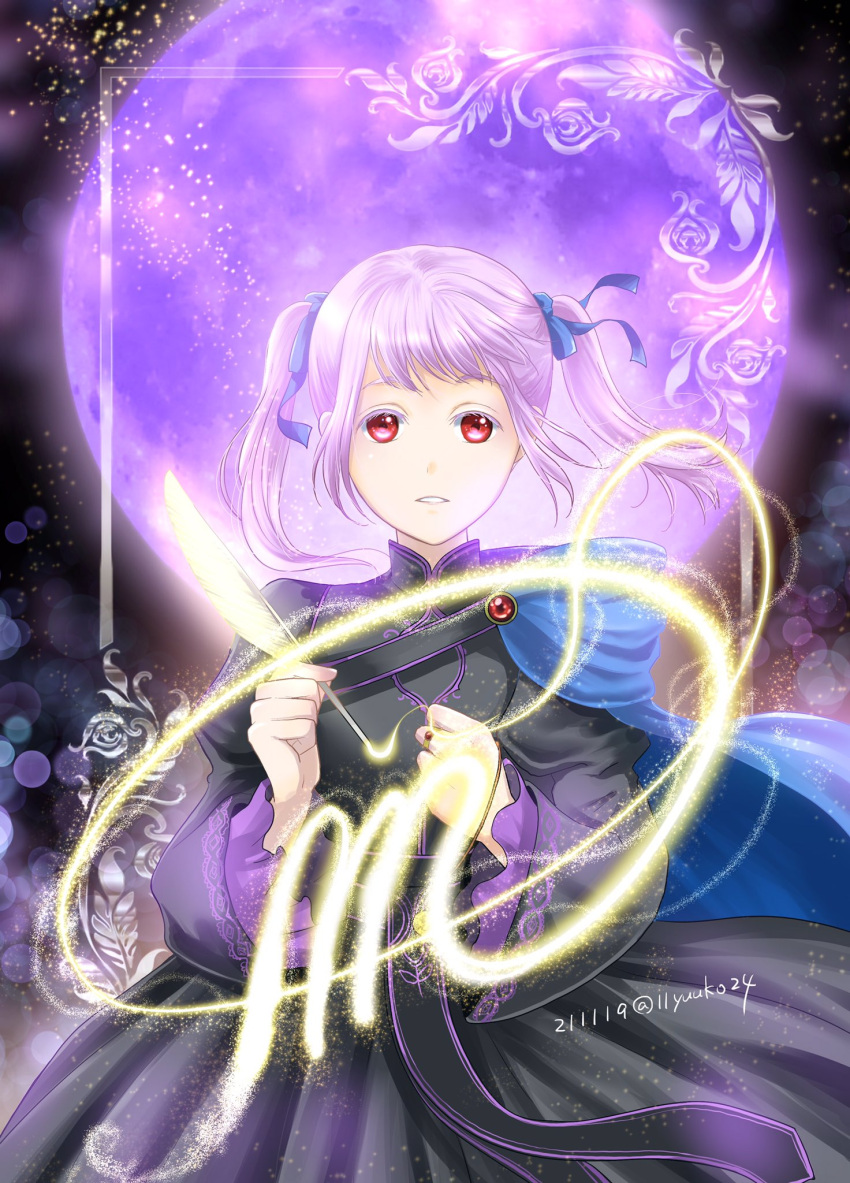 1girl black_dress blue_ribbon colored_eyelashes dated dress floating_hair full_moon hair_ribbon hannelole_(honzuki_no_gekokuji) highres honzuki_no_gekokujou layered_sleeves long_hair long_sleeves looking_at_viewer moon parted_lips pink_hair purple_moon red_eyes ribbon shiny shiny_hair solo twintails twitter_username yuuko24