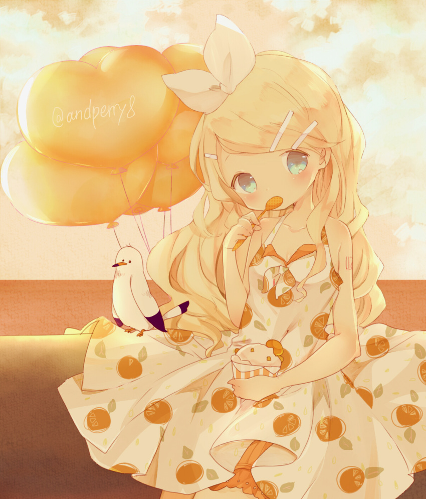 1girl alternate_hairstyle artist_name bad_hands balloon bangs bird blonde_hair bloomers blue_eyes blush bow coco_(hinatacoco) dress food hair_bow hair_ornament hairclip halter_dress halterneck hand_up heart_balloon highres holding holding_food holding_ice_cream holding_spoon kagamine_rin long_hair looking_at_viewer orange_print orange_theme seagull sleeveless sleeveless_dress solo spoon tied_dress underwear utensil_in_mouth vocaloid