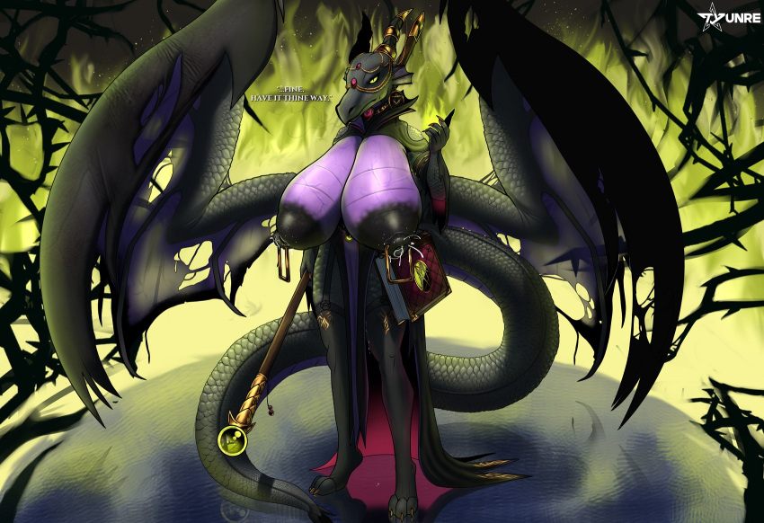 2022 5_fingers anthro areola big_breasts breasts dialogue digital_media_(artwork) disney dragon english_text female fingers hi_res holding_object horn huge_breasts maleficent nipples non-mammal_breasts sleeping_beauty_(1959) solo text tyunre veiny_breasts wings