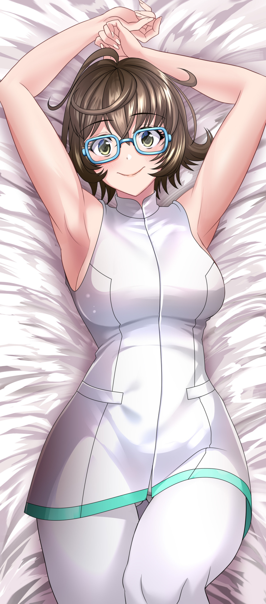 1girl absurdres ahoge armpits arms_up ass_visible_through_thighs bangs bare_shoulders blue-framed_eyewear blush breasts brown_hair dress fate/grand_order fate_(series) glasses green_eyes hair_between_eyes highres kogarasu1st large_breasts looking_at_viewer lying mable_macintosh on_back open_clothes pants pantyhose short_dress short_hair smile solo thighs tight tight_pants white_dress white_pants yellow_eyes