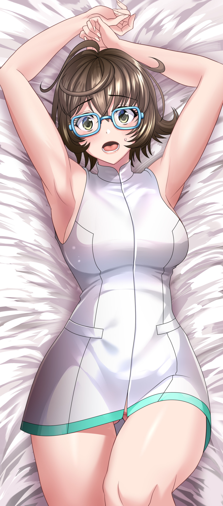 1girl absurdres ahoge armpits arms_up bangs bare_shoulders blue-framed_eyewear blush breasts brown_hair dress fate/grand_order fate_(series) glasses hair_between_eyes highres kogarasu1st large_breasts long_sleeves looking_at_viewer lying mable_macintosh on_back open_clothes open_mouth short_dress short_hair solo thighs white_dress yellow_eyes