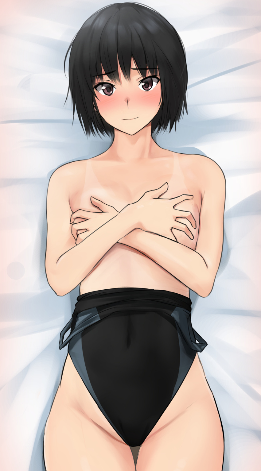 1girl amagami bangs bed_sheet black_hair black_swimsuit blue_swimsuit blush brown_eyes closed_mouth clothes_pull collarbone commentary competition_swimsuit covering covering_breasts cowboy_shot crossed_arms from_above groin hands_on_own_breasts highleg highleg_swimsuit highres light_smile looking_at_viewer lying nanasaki_ai nose_blush on_back on_bed one-piece_swimsuit one-piece_tan raised_eyebrows short_hair smile solo swimsuit swimsuit_pull tan tanlines thigh_gap two-tone_swimsuit yoo_tenchi