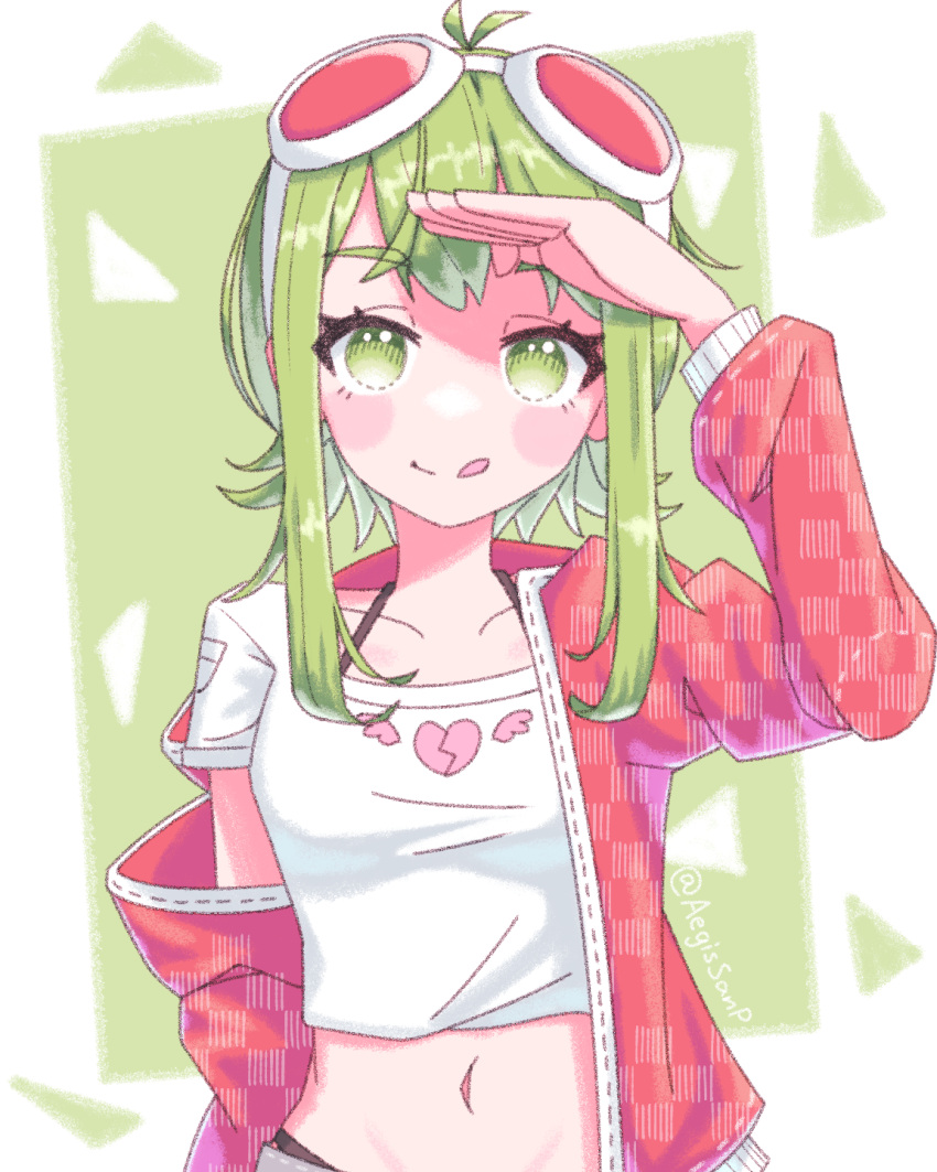 1girl :p aegissanp ahoge bangs blush_stickers bra_strap broken_heart crop_top flipped_hair goggles goggles_on_head green_eyes green_hair gumi hand_up heart heart_print highres jacket long_sleeves looking_at_viewer midriff navel off_shoulder panty_straps shading_eyes shirt short_hair_with_long_locks solo t-shirt thick_eyebrows tongue tongue_out vocaloid