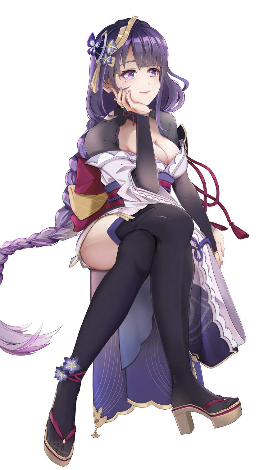 1girl absurdres ankle_flower armor braid braided_ponytail breasts bridal_gauntlets choker cleavage closed_mouth crossed_legs eareay facing_viewer fingernails flower genshin_impact hair_flower hair_ornament head_rest highres japanese_clothes kimono long_hair looking_away medium_breasts mitsudomoe_(shape) mole mole_under_eye obi obiage obijime purple_eyes purple_flower purple_hair purple_kimono purple_legwear purple_nails purple_rope raiden_shogun red_ribbon red_rope ribbon ribbon_choker rope sandals sash shoulder_armor shrug_(clothing) simple_background sitting smile solo tassel thighhighs tomoe_(symbol) very_long_hair white_background