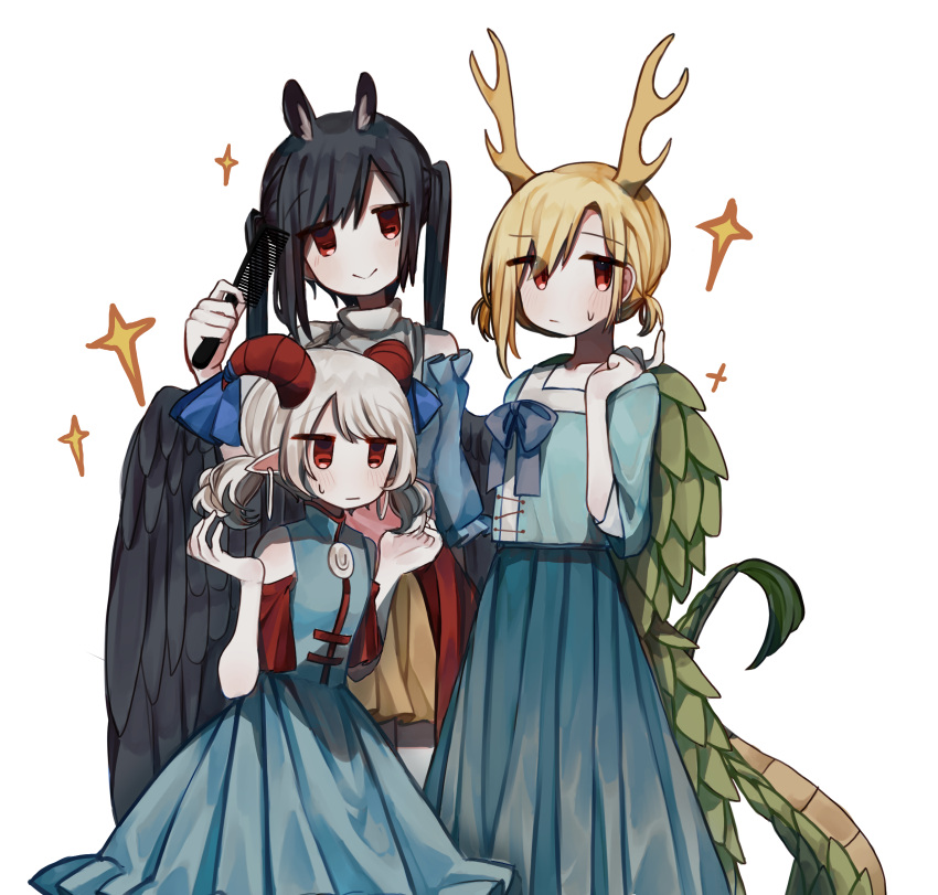 3girls :&gt; :/ absurdres alternate_hairstyle animal_ears antlers arm_warmers black_hair black_wings blue_dress blue_ribbon blue_shirt blue_skirt blush closed_mouth comb curled_horns dragon_tail dress earrings feathered_wings height_difference highres holding holding_comb horn_ornament horn_ribbon horns horse_ears jewelry jitome kicchou_yachie kurokoma_saki long_hair looking_at_viewer low_twintails medium_hair multiple_girls no_hat no_headwear pleated_skirt pointy_ears red_eyes ribbon sheep_horns shirt short_sleeves short_twintails simple_background skirt sleeveless sleeveless_dress sleeveless_shirt sparkle split_mouth sweatdrop tail touhou toutetsu_yuuma turtle_shell twintails white_background white_hair white_shirt wings yuejinlin