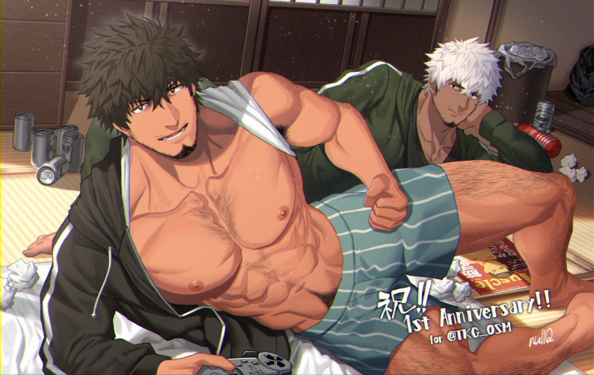 abs arm_up armpit_hair bara beer_can biceps black_hair boxers brown_hair can chest_hair controller dark-skinned_male dark_skin english_text facial_hair flexing futon game_controller grin hair_between_eyes highres holding hood indie_virtual_youtuber leg_hair long_sleeves looking_at_viewer lube lying magazine_(object) male_focus male_pubic_hair male_underwear messy_hair muscular null_qq on_side open_clothes open_mouth pants pectorals pose pubic_hair shirt shirt_over_head smile tan trash_bag trash_can tsukaji_osamu underwear used_tissue v-shaped_eyebrows virtual_youtuber white_hair white_shirt
