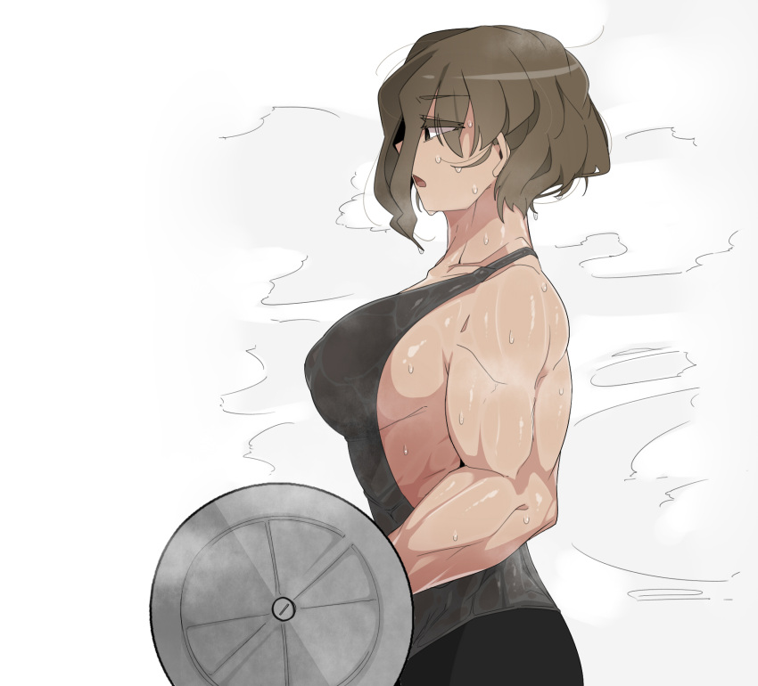 1girl barbell biceps breasts brown_eyes brown_hair exercise eyes_visible_through_hair geumgang_(odd_snail) highres muscular muscular_female oddsnail open_mouth original short_hair sideboob solo steaming_body sweat tank_top white_background