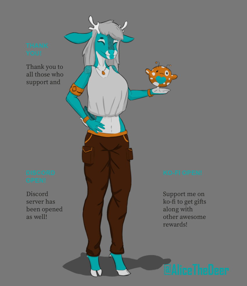 alice_(alicethedeer) alicethedeer anthro antlers blue_body blue_fur bottomwear brown_bottomwear brown_clothing brown_pants cervid clothed clothing digital_media_(artwork) female fully_shaded fur hair hand_on_hip hi_res holding_object horn jewelry mammal necklace pants shirt simple_background smile solo topwear white_clothing white_shirt white_topwear