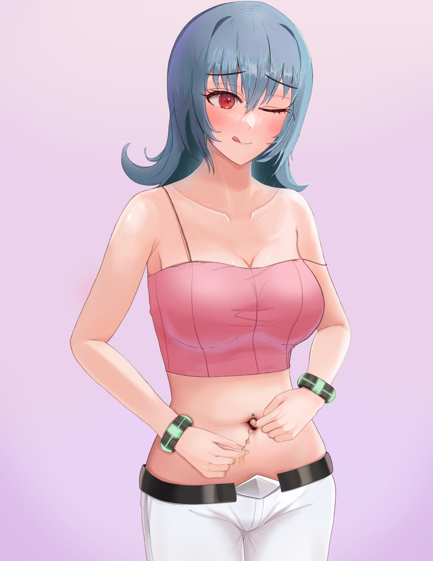 absurdres bangs blue_hair blush breasts crop_top highres king0banana large_breasts licking_lips midriff navel navel_fingering navel_insertion navel_piercing one_eye_closed piercing pink_eyes pokemon pokemon_(game) pokemon_hgss sabrina_(pokemon) spaghetti_strap tank_top tongue tongue_out