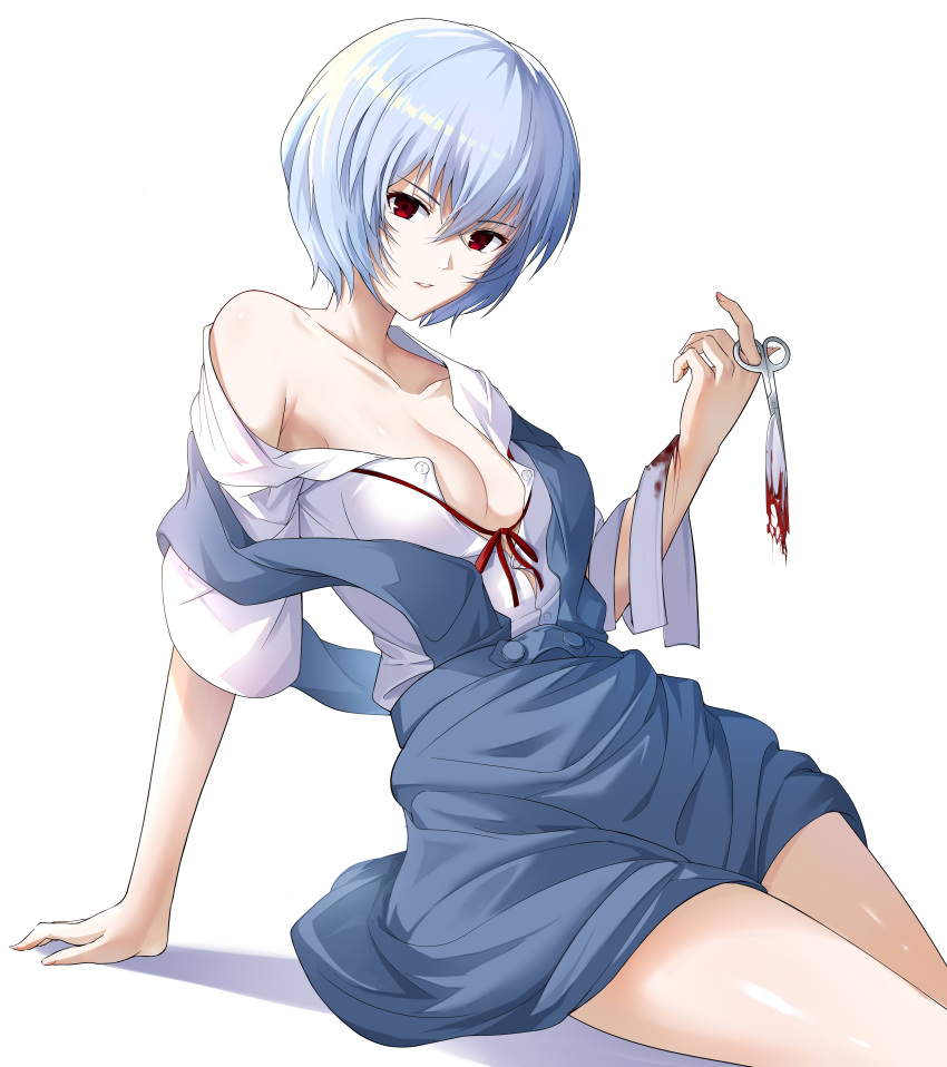 1girl absurdres arm_support ayanami_rei bandaged_arm bandages bangs blood blood_on_bandages blue_dress blue_eyes blue_hair breasts button_gap cleavage collarbone commentary_request curled_fingers dress forceps geez hair_between_eyes highres looking_at_viewer neck_ribbon neon_genesis_evangelion no_bra off_shoulder open_clothes open_shirt parted_lips partial_commentary partially_unbuttoned pinafore_dress red_eyes red_ribbon ribbon school_uniform shadow short-sleeved_sweater short_hair short_sleeves simple_background single_bare_shoulder sitting solo sweater white_background