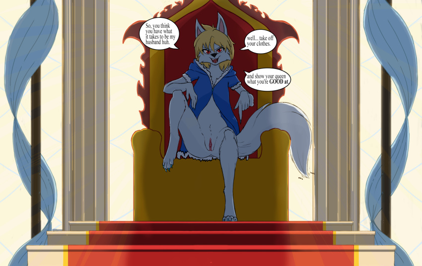 anthro blonde_hair canid canine canis chair claws detailed_background digitigrade female fluffy fur furniture genitals hair hi_res mammal midnighthowlart pussy queen red_eyes royalty solo speech_bubble tail_motion tailwag throne white_body white_fur wolf