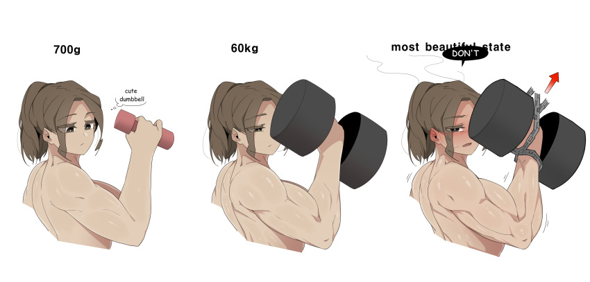 1girl abs absurdres biceps blush breasts brown_eyes brown_hair chain dumbbell english_text exercise eyes_visible_through_hair geumgang_(odd_snail) highres muscular muscular_female nude oddsnail original ponytail short_hair sweat white_background