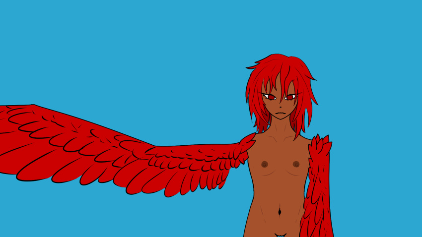 avian breasts dark_body dark_skin european_mythology female genitals greek_mythology hair harpy hi_res humanoid mythological_avian mythology not_furry_wearing_fursuit pussy red_eyes red_hair shrabidy small_breasts solo