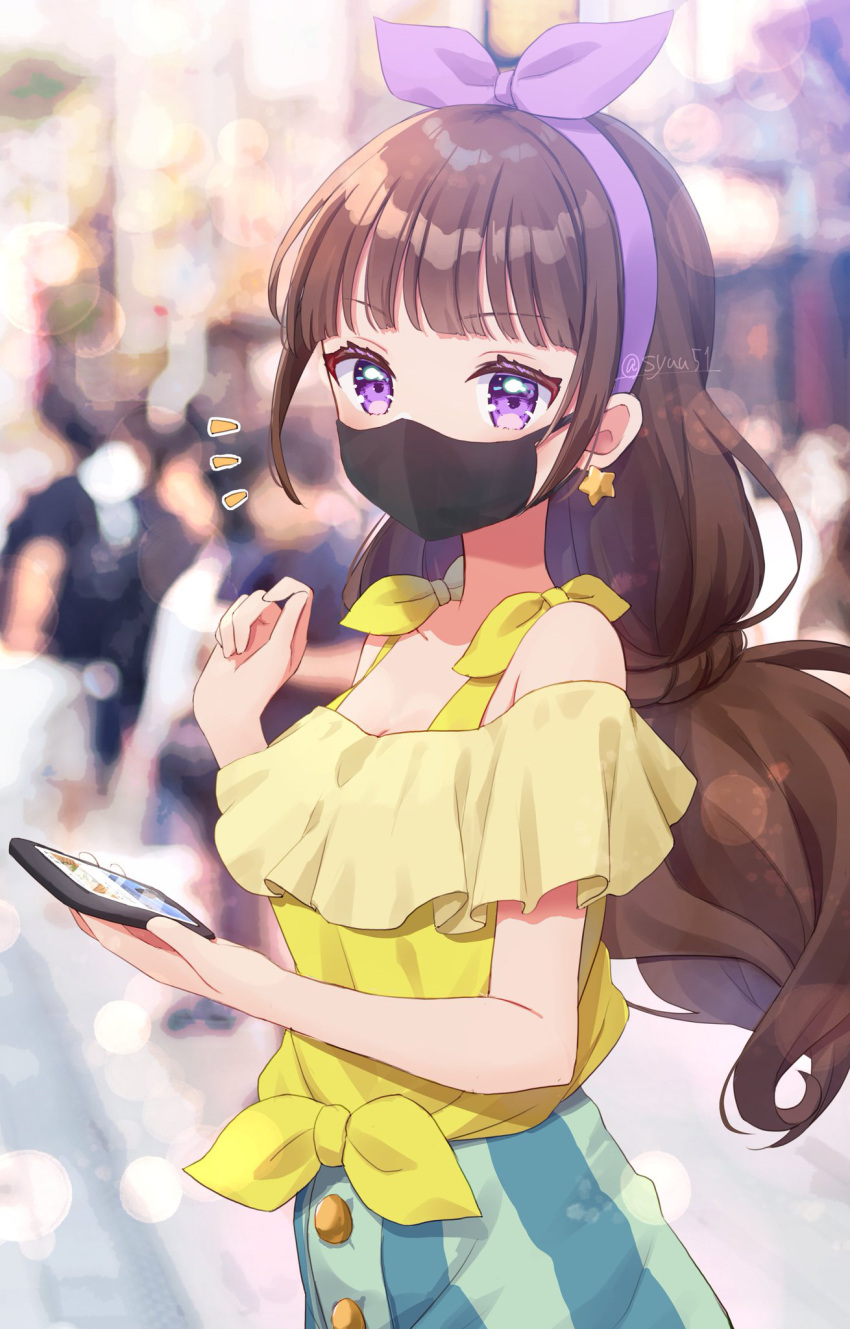 1girl amanogawa_kirara bare_shoulders blurry blurry_background breasts brown_hair cellphone earrings go!_princess_precure green_skirt hairband highres holding holding_phone jewelry long_hair mask mouth_mask outdoors phone precure purple_eyes purple_hairband road shirt shuu_(mniarnoakou) skirt small_breasts smartphone star_(symbol) star_earrings street yellow_shirt