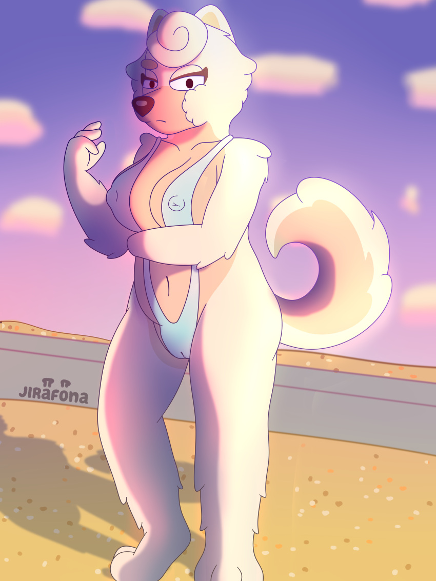 absurd_res anthro beach big_breasts bikini bikini_bottom bikini_lift bikini_pull bikini_thong bikini_top biped bluey_(series) blush bodily_fluids breasts canid canine canis cattledog chow_chow clothed clothing clothing_pull colored comic digital_drawing_(artwork) digital_media_(artwork) domestic_dog female front_view full-length_portrait fur genitals hair half-closed_eyes herding_dog hi_res humanoid jirafona mammal multicolored_body narrowed_eyes nipples nude pastoral_dog portrait pussy seaside simple_background solo spitz standing swimwear swimwear_pull wendy_(bluey) white_body white_fur