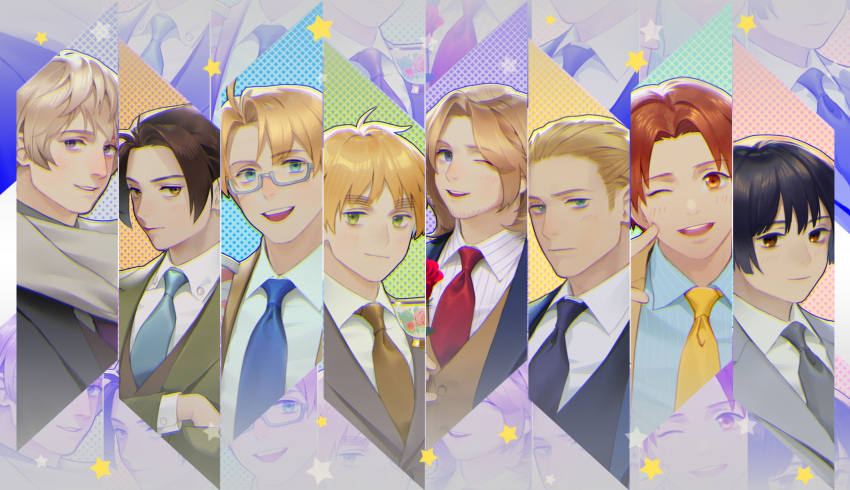 ahoge america_(hetalia) aqua_necktie axis_powers_hetalia bangs black_hair blonde_hair blue_eyes blue_necktie brown_eyes brown_hair china_(hetalia) collared_shirt france_(hetalia) germany_(hetalia) green_eyes grey_scarf hair_slicked_back highres huacai japan_(hetalia) medium_hair necktie northern_italy_(hetalia) official_alternate_costume one_eye_closed open_mouth parted_bangs purple_eyes purple_necktie red_necktie russia_(hetalia) scarf shirt smile star_(symbol) thick_eyebrows united_kingdom_(hetalia) waistcoat yellow_necktie zoom_layer