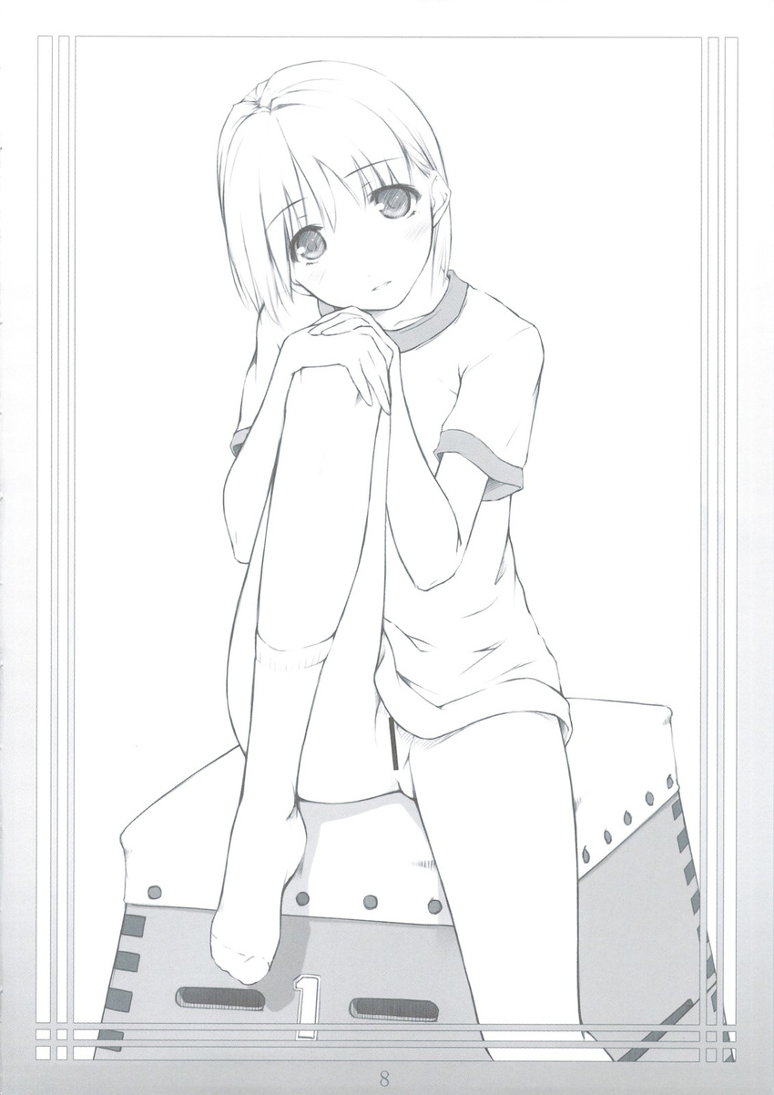 bottomless censored copyright_request greyscale gym_uniform highres looking_at_viewer monochrome no_panties ooji pussy short_hair socks solo vaulting_horse