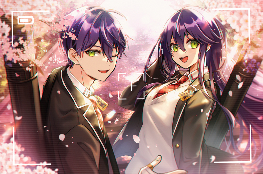 1boy 1girl aononchi bangs blazer breasts cherry_blossoms closed_eyes dual_persona genderswap genderswap_(mtf) green_eyes hair_between_eyes highres jacket kenmochi_touya large_breasts long_hair long_sleeves looking_at_viewer necktie nijisanji one_eye_closed open_clothes open_jacket open_mouth purple_hair red_necktie school_uniform shirt short_hair smile virtual_youtuber