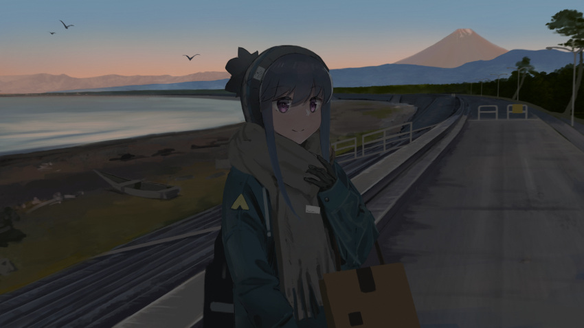 1girl absurdres bag beach bird black_gloves gloves grey_scarf hat highres jacket kutoha long_sleeves mountain outdoors purple_eyes road scarf shima_rin smile solo stairs standing upper_body yurucamp