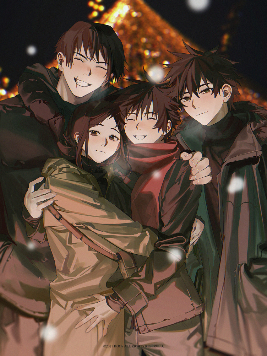 2boys 2girls bag bangs black_coat black_hair blurry blush brown_eyes brown_hair brown_pants christmas closed_eyes closed_mouth coat commentary_request eyelashes facing_viewer family father_and_son fur_trim fushiguro_megumi fushiguro_touji fushiguro_tsumiki green_eyes grin hair_between_eyes hands_in_pockets happy highres hug jujutsu_kaisen k00s long_hair long_sleeves looking_at_viewer megumi's_mother_(jujutsu_kaisen) mother_and_son multiple_boys multiple_girls open_clothes open_coat outdoors pants ponytail red_scarf scar scar_on_face scar_on_mouth scarf short_hair sidelocks smile spiked_hair standing step-siblings sweater teeth winter_clothes winter_coat