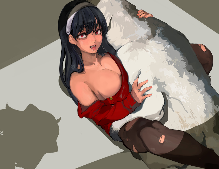 2girls absurdres anya_(spy_x_family) bestiality black_hair bond_(spy_x_family) breasts caught hairband highres implied_bestiality implied_sex large_breasts long_hair looking_at_viewer mamimi_(mamamimi) multiple_girls red_eyes saliva spy_x_family torn_clothes torn_legwear yor_briar