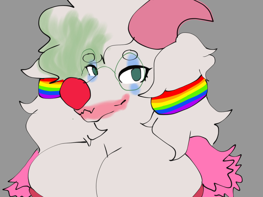 4:3 alternate_universe anthro big_breasts bovid breasts caprine clothed clothing clown clown_nose crossgender deltarune digital_media_(artwork) dyed-hair eyewear female fluffy fur glasses goat hair headshot_portrait hi_res horn lipstick looking_at_viewer makeup mammal meme portrait rainbow ralsei ralseibutbigger simple_background solo undertale_(series) video_games