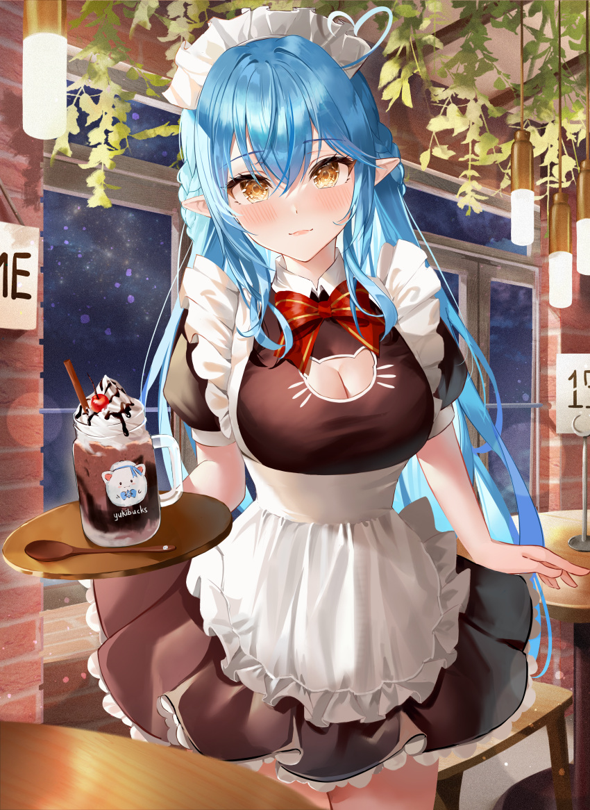 1girl absurdres ahoge apron black_dress blue_hair blush bow bowtie breasts cat_cutout cleavage cleavage_cutout closed_mouth clothing_cutout collar cowboy_shot drawn_whiskers dress drinking_straw food frilled_dress frills hao_(mwhy4538) heart heart_ahoge highres holding holding_tray hololive ice_cream large_breasts light_smile lips long_hair maid maid_apron maid_headdress outdoors pointy_ears puffy_short_sleeves puffy_sleeves red_bow red_bowtie short_sleeves solo spoon standing tray virtual_youtuber white_apron white_collar yellow_eyes yukihana_lamy