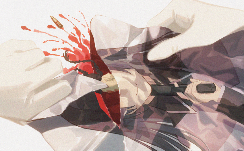 1girl absurdres akemi_homura blood blood_bag blood_splatter braid bullet commentary_request gloves gun gun_to_head headshot highres holding holding_gun holding_weapon implied_death implied_suicide kaname_madoka long_hair lying mahou_shoujo_madoka_magica minigirl on_side opening out_of_frame photo_(object) pov pov_hands simple_background smile solo_focus symbolism twin_braids twintails weapon white_background white_gloves yayaziiii