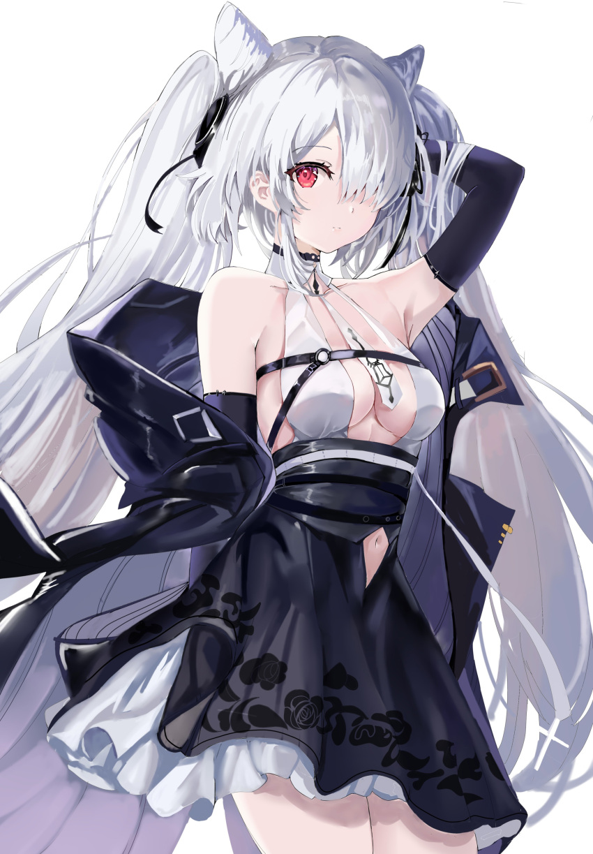 1girl absurdres age_fx arm_behind_back arm_behind_head azur_lane bangs bare_shoulders black_dress black_gloves breasts cleavage closed_mouth clothing_cutout collarbone dress elbow_gloves feet_out_of_frame gloves hair_between_eyes hair_horns hair_over_one_eye hammer_and_sickle hand_in_own_hair highres kiev_(azur_lane) kiev_(backstreet_silver_sonata)_(azur_lane) long_hair looking_at_viewer medium_breasts navel navel_cutout official_alternate_costume one_eye_covered red_eyes solo standing twintails very_long_hair white_background white_hair