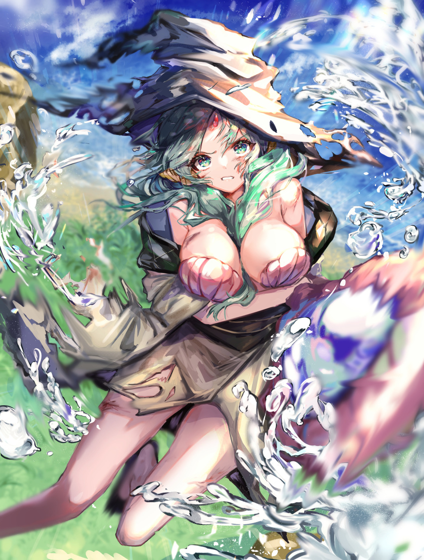 1girl absurdres between_breasts blue_sky breasts cloud cloudy_sky foot_out_of_frame forehead_jewel green_eyes green_hair hat highres large_breasts long_hair looking_at_viewer magi_the_labyrinth_of_magic momongapoketto outdoors plant rock shell shell_bikini sky solo water witch_hat yamuraiha