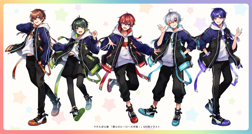 6+boys absurdres aononchi bangs black_legwear black_pants blue_eyes blue_jacket brown_hair character_request clothes clothes_lift copyright_request flower green_hair hair_flower hair_ornament highres hood hoodie jacket long_sleeves multicolored_hair multiple_boys one_eye_closed open_clothes open_mouth open_shirt pants purple_eyes purple_hair rainbow_hair red_hair shirt_lift shoes short_hair teeth_hold white_hair white_hoodie yellow_eyes