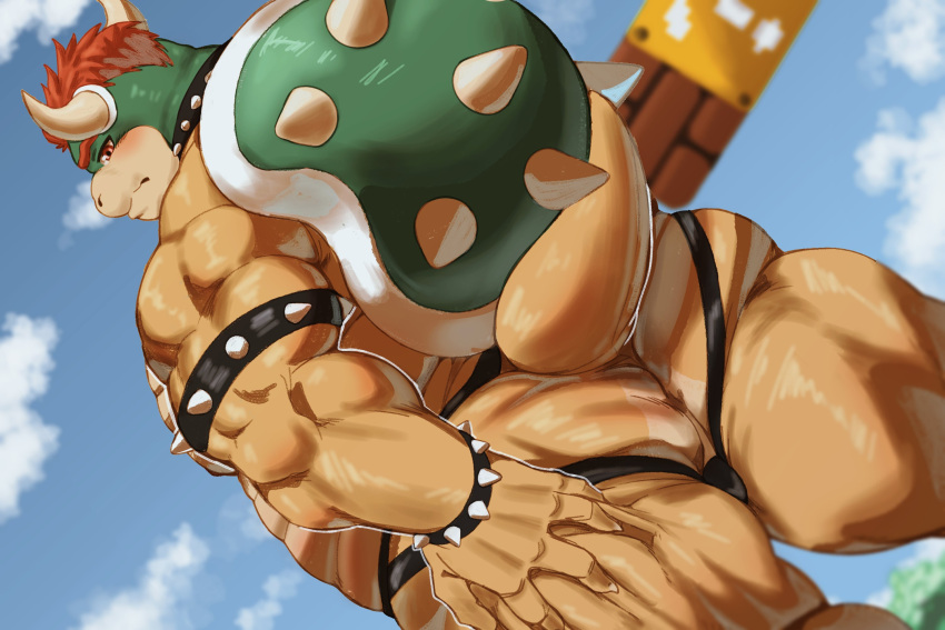 2022 anthro anus armband big_butt big_muscles block blush bowser bracelet bubble_butt butt clothing cloud collar day dutch_angle eyebrows frown hair hand_on_butt hi_res horn huge_butt huge_muscles huge_thighs jewelry jockstrap koopa looking_at_viewer looking_back looking_back_at_viewer low-angle_view male mario_bros monochrome_kg muscular muscular_anthro muscular_male narrowed_eyes nintendo outside perineum presenting presenting_hindquarters rear_view scalie shell sky solo spiked_armband spiked_bracelet spiked_collar spiked_shell spikes spikes_(anatomy) spread_butt spreading standing thick_thighs underwear video_games