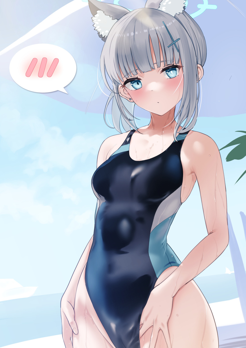 1girl absurdres animal_ear_fluff animal_ears bangs black_swimsuit blue_archive blue_eyes commentary_request cowboy_shot cross_hair_ornament dai00888 grey_hair hair_ornament halo hand_under_clothes hand_under_swimsuit highres looking_at_viewer medium_hair shiroko_(blue_archive) shiroko_(swimsuit)_(blue_archive) solo spoken_blush swimsuit