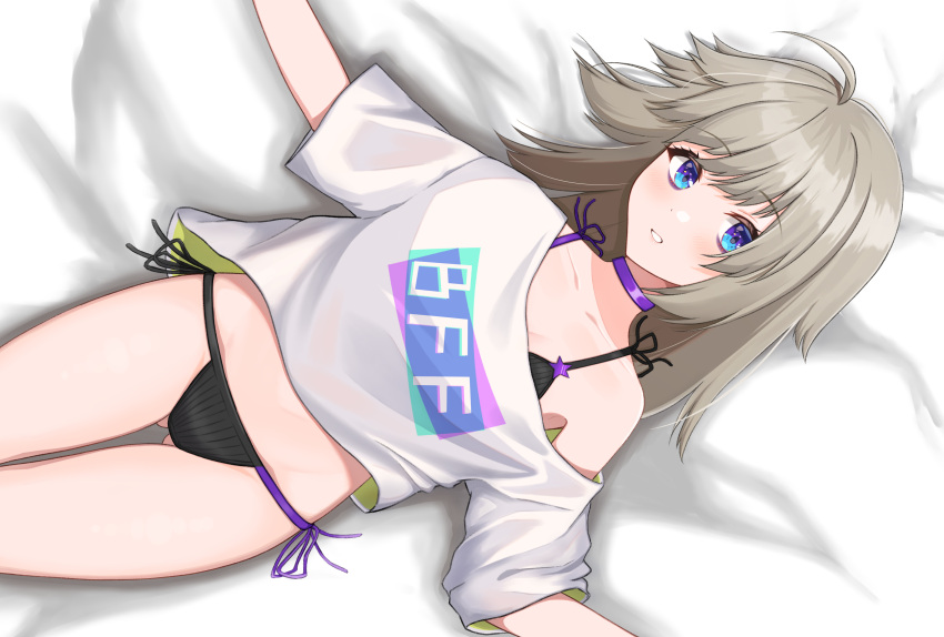 1girl aa-12_(girls'_frontline) absurdres bangs bed black_bra black_panties blonde_hair blue_eyes blush bra bra_strap breasts choker codename696 collarbone feet_out_of_frame girls'_frontline highres long_hair looking_at_viewer lying on_back open_mouth panties purple_choker shirt solo underwear white_shirt