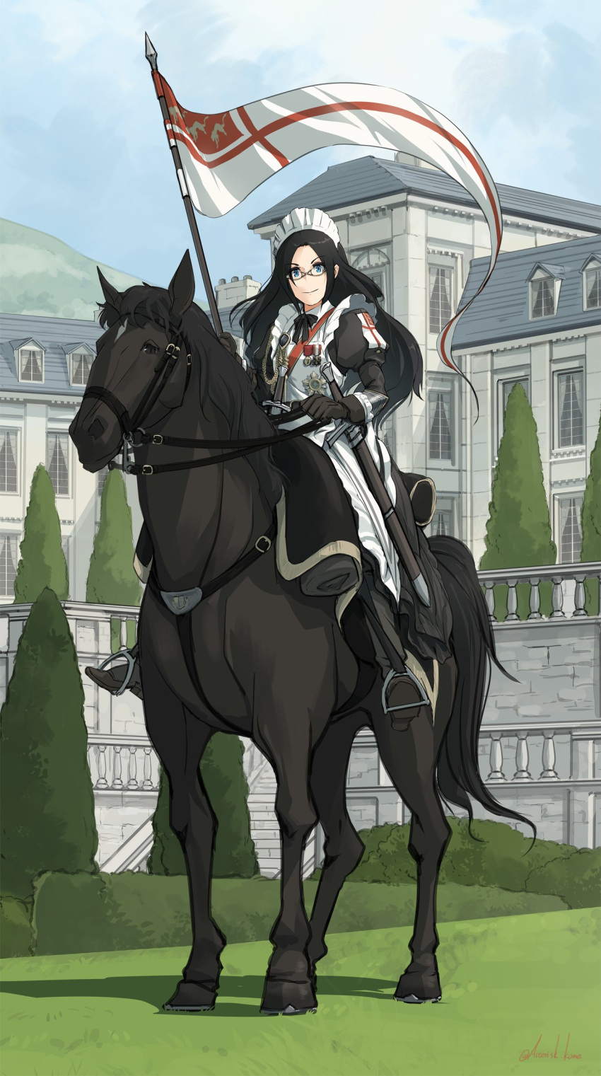 1girl apron asterisk_kome bangs black_hair blue_eyes dagger dress flag glasses gloves grass highres holding holding_weapon horse horseback_riding knife long_hair maid maid_apron maid_headdress mansion medal original polearm reins riding saddle smile solo spear stirrups sword weapon