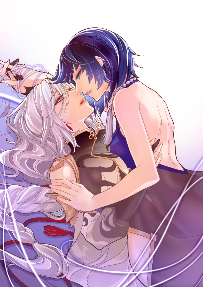2girls absurdres backless_outfit blue_hair braid braided_ponytail chinese_clothes genshin_impact highres imminent_kiss jewelry long_hair lying multiple_girls necklace on_back ratana_satis shenhe_(genshin_impact) short_hair string string_of_fate white_background white_hair yelan_(genshin_impact) yuri