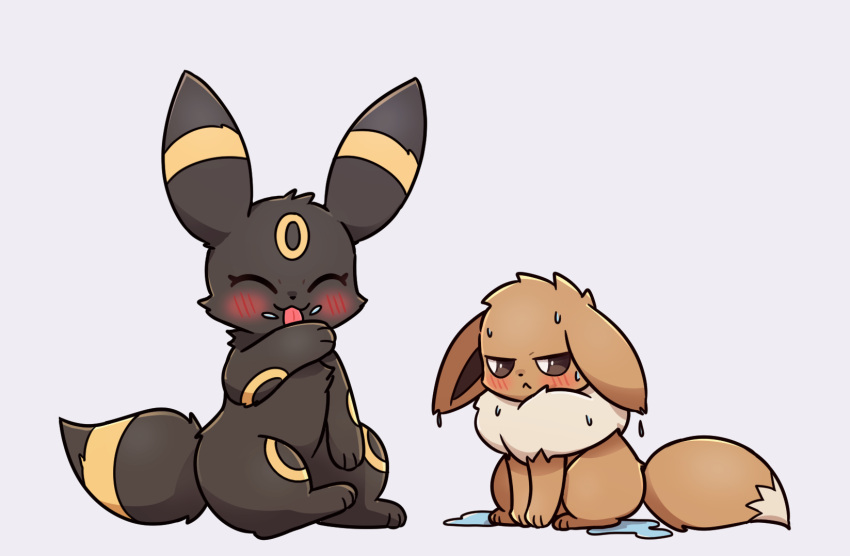 2022 :3 ambiguous_fluids ambiguous_gender black_body black_fur blush blush_lines brown_body brown_fur chest_tuft dipstick_tail dripping_wet duo ears_down eevee eeveelution eyes_closed feral fluffy fur hi_res kemono licking markings neck_tuft nintendo park_horang pivoted_ears pok&eacute;mon pok&eacute;mon_(species) ring_(marking) sitting tail_markings tongue tongue_out tuft umbreon video_games wet
