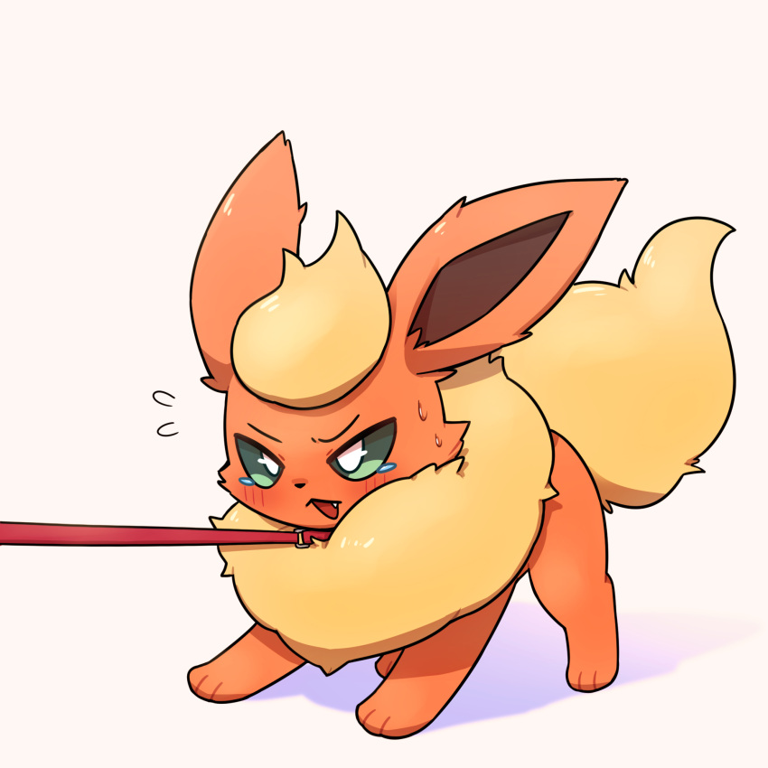 1:1 2022 ambiguous_gender blush blush_lines bodily_fluids eeveelution eye_glint feral flareon fur furrowed_brow green_eyes hi_res kemono leash leash_pull neck_tuft nintendo orange_body orange_fur park_horang pok&eacute;mon pok&eacute;mon_(species) quadruped red_body red_skin shaded simple_shading solo sweat sweatdrop tears tuft video_games